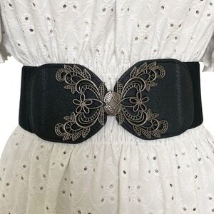 Black whimsigoth wide waist corset belt Floral buckle Retro faux leather stretch